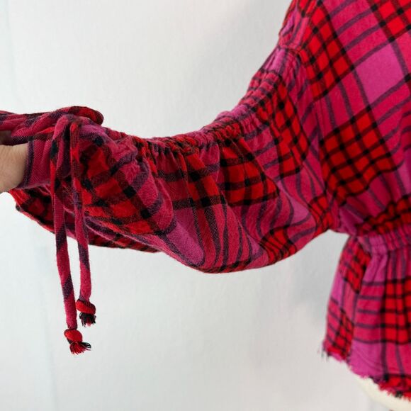We the Free Free People | Pacific Dawn Red Pink Plaid Distressed Shirt | Sz S - Picture 4 of 12